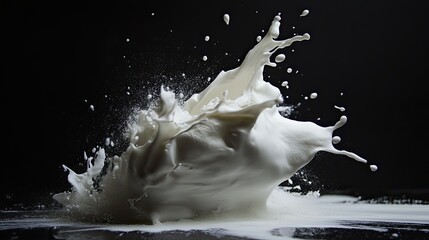 Poster - Dynamic Splash of White Liquid Captured in High-Speed Photography Against a Dark Background, Showcasing Motion and Fluidity