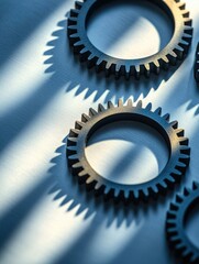 Poster - Close-up of gear-like rings casting shadows, showcasing intricate details and textures against a softly lit background.