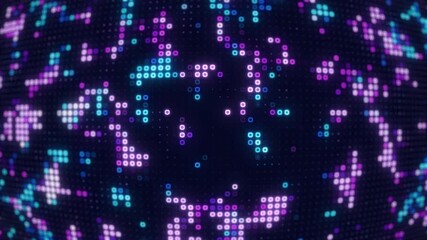 Hi-tech motion graphic background with blue and pink flickering dots on a dark backdrop.