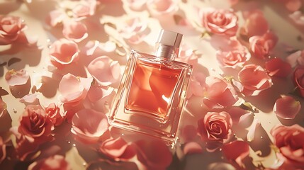 Wall Mural - Rose perfume bottle on petals in sunlight for beauty product ads