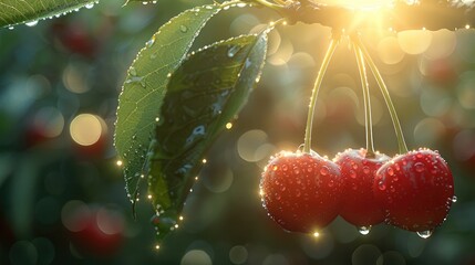Poster - A beautiful natural background with sun rays shining on two juicy red cherries hanging from the branches, dew drops on them, blurred green leaves in the foreground, water droplets.