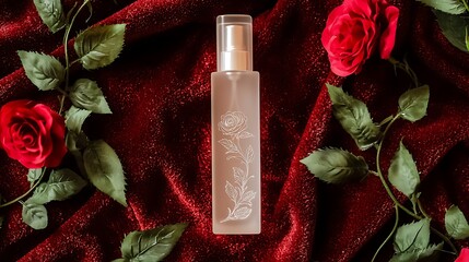 Wall Mural - Rose perfume bottle on red velvet with roses, beauty product shot