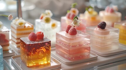 Poster - A variety of very beautiful, transparent cakes made with clear jelly from a high-end cake shop. They are so beautiful, like jewels.