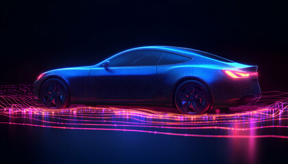 Futuristic car, neon glow, studio, digital wave