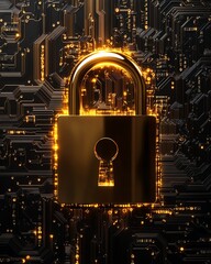 Leinwandbilder - Futuristic golden padlock with integrated electronic circuits, symbolizing password security technology, fraud prevention, and safeguarding confidential data in a digital network