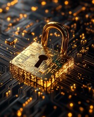 Leinwandbilder - Futuristic golden padlock with integrated electronic circuits, symbolizing password security technology, fraud prevention, and safeguarding confidential data in a digital network