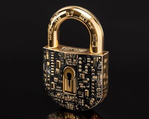 Aufkleber - Golden padlock with advanced electronic circuits, digital password security design, ensuring fraud prevention and confidential data protection in a secure network
