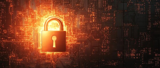 Poster - Golden padlock with digital circuits, representing secure password technology, preventing fraud, safeguarding confidential data, and protecting the network environment