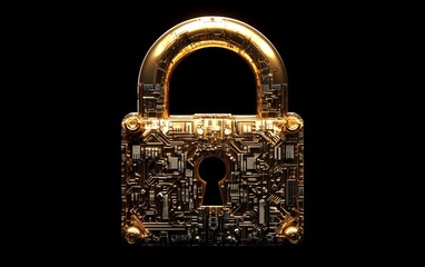 Fototapete - Golden padlock with embedded electronic circuits, nextgen password security technology, protecting confidential data from fraud, advanced data network security