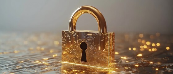 Poster - Golden padlock with integrated electronic circuits, futuristic password security technology, protecting confidential data in a secure network, fraud prevention design
