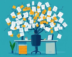 Poster - Messy organization with tangled decision tree, chaotic business management, complex and convoluted processes, illustrating inefficiency and confusion in workplace dynamics