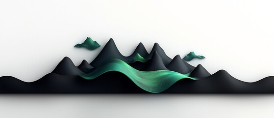 Poster - Surreal Geometric Landscape with Undulating Mountain Silhouettes and Luminous Green Shapes