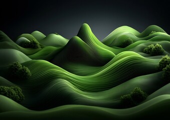 Poster - Surreal Radiant Green Mountainous Landscape with Mesmerizing Wave Textures in Brooding Dark Digital Environment
