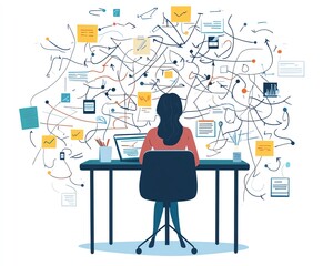 Poster - Chaotic business process with complex, messy management, tangled decision tree, overwhelming workload, visualizing disorganization and confusion in a corporate environment