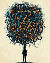 Poster - Complex and chaotic business process, disorganized management structure, tangled decision tree, illustrating the confusion and disorder in corporate decisionmaking