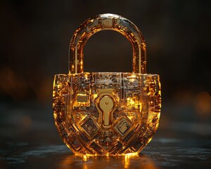 Leinwandbilder - Futuristic golden padlock with integrated electronic circuits, symbolizing password security technology, fraud prevention, and safeguarding confidential data in a digital network