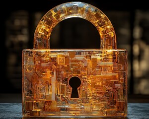 Poster - Futuristic golden padlock with integrated electronic circuits, symbolizing password security technology, fraud prevention, and safeguarding confidential data in a digital network