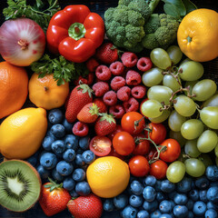 Canvas Print - View from above of many fruits and vegetables on the table.