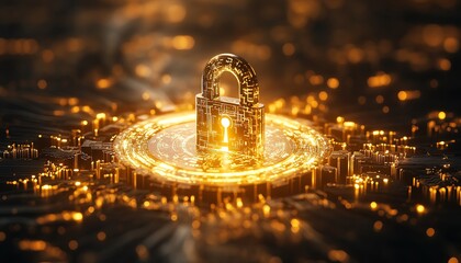 Poster - Golden padlock with digital circuits, representing secure password technology, preventing fraud, safeguarding confidential data, and protecting the network environment