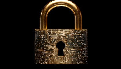 Poster - Golden padlock with digital circuits, representing secure password technology, preventing fraud, safeguarding confidential data, and protecting the network environment