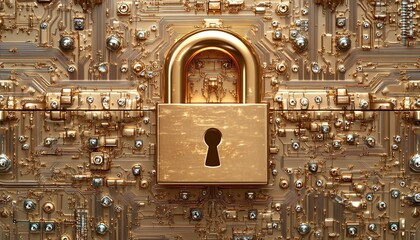 Poster - Golden padlock with digital circuits, representing secure password technology, preventing fraud, safeguarding confidential data, and protecting the network environment