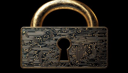 Poster - Golden padlock with digital circuits, representing secure password technology, preventing fraud, safeguarding confidential data, and protecting the network environment