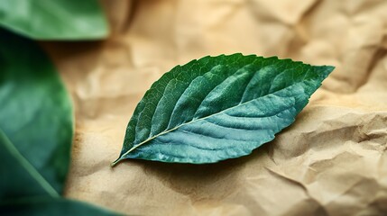 Poster - Single green leaf on crumpled brown paper.