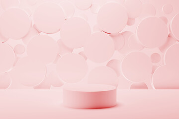 Poster - Light pink round podium on abstract stage mockup, flying circles decor. Template 3D illustration contemporary scene for presentation cosmetic products, goods, advertising, black friday, branding.