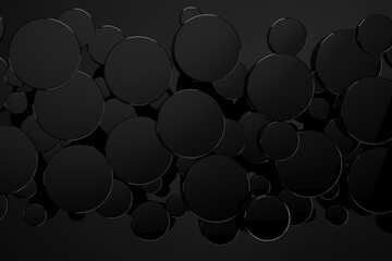 Poster - New year black abstract background with flying glossy plastic circles as pattern, top view. 3D illustration rounded texture in modern, luxury, perfect, geometric style for sale, advertising, design.