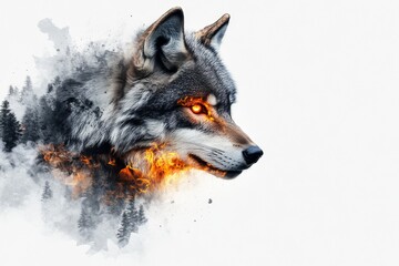  Burning Forest Wolf Wallpaper - A majestic wolf, eyes ablaze, emerges from a burning forest, symbolizing power, nature, loss, transformation, and resilience.