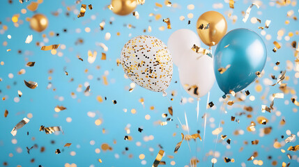 Poster - A vibrant celebration scene featuring colorful balloons and confetti against a bright blue background, perfect for festive occasions
