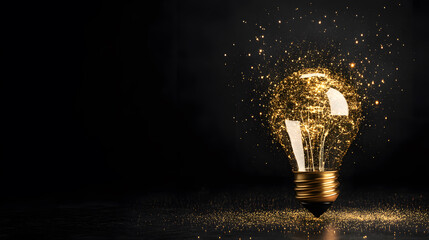 Poster - A glowing light bulb emits sparkling golden particles against a dark background, symbolizing creativity and inspiration