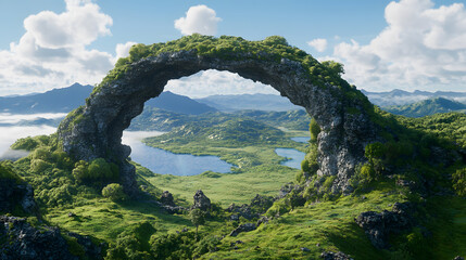 Aufkleber - A breathtaking landscape featuring a natural stone arch surrounded by lush greenery and a serene body of water under a clear blue sky