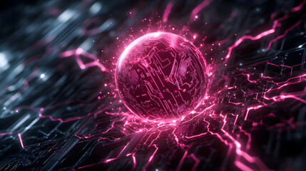 Aufkleber - A glowing pink sphere surrounded by electric currents and abstract patterns, evoking a futuristic and high-tech atmosphere