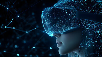 Poster - A futuristic user experiences virtual reality, immersed in a world of glowing data and connections, showcasing the intersection of technology and human interaction