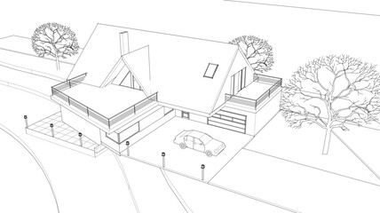 Poster - house traditional architecture plan 3d illustration	
