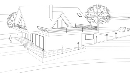 Poster - house traditional architecture plan 3d illustration	

