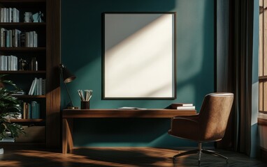 Wall Mural - A cinematic mockup of a blank poster frame on a teal and brown accented wall, set above a polished wooden desk with a leather chair, surrounded by a modern bookshelf and subtle decor