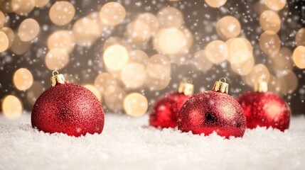 Wall Mural - Red Christmas ornaments glisten in the snow, set against a background of sparkling bokeh lights, capturing the joy of the holiday season