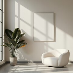 Poster - Minimalist interior design with armchair, plant, and blank canvas.