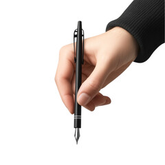 A hand holding a black pen ready to write elegant script professional writing office supplies stationery business