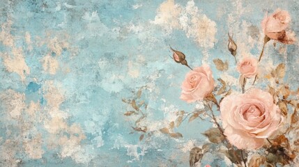 Wall Mural - Delicate vintage roses bloom against a textured blue background, creating a serene and elegant design on aged parchment