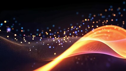 Poster - Abstract Flow: Glowing orange and pink wave of light particles dancing across a dark background, creating an ethereal and dynamic abstract art piece. 