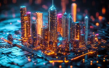 Poster - Holographic display of a futuristic city with glowing skyscrapers, illuminated buildings on a glowing platform, dark urban landscape, vibrant neon colors and lights