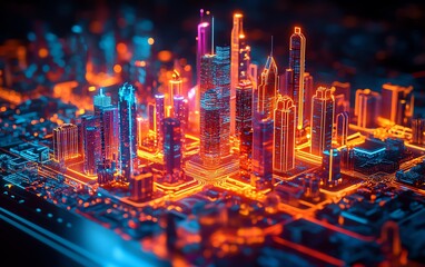 Poster - Holographic display of a futuristic city with glowing skyscrapers, illuminated buildings on a glowing platform, dark urban landscape, vibrant neon colors and lights