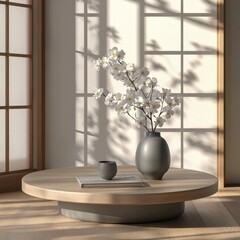 Wall Mural - Minimalist room interior with white flowers in gray vase on round wooden table.