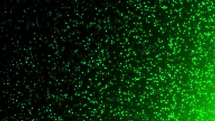 High-tech background animation with square-shaped green particles on a black backdrop.