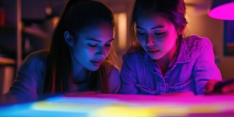 Aufkleber - Two teachers in a close-up image planning a classroom activity in a vibrant setting their focused faces showing dedication and creativity