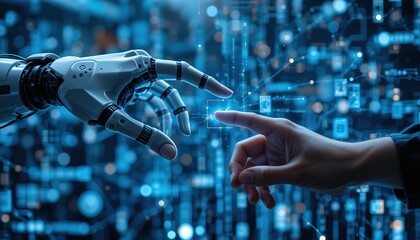 Poster - AI, Machine learning, Hands of robot and human touching on big data network connection background, Science and artificial intelligence technology, innovation and futuristic , 8k image
