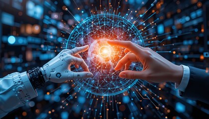 Poster - AI, Machine learning, Hands of robot and human touching on big data network connection background, Science and artificial intelligence technology, innovation and futuristic , 8k image